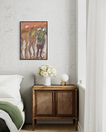 Wooden side table with a vase of flowers next to a bed, with a framed artwork on the wall.