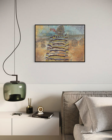 Modern living room with abstract painting, pendant light, and sofa.