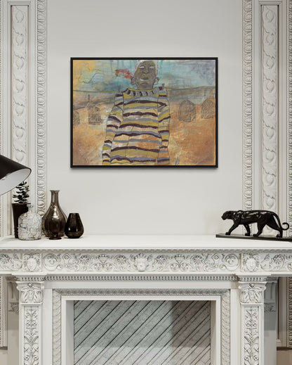 Framed artwork on a wall above a decorative fireplace mantle.