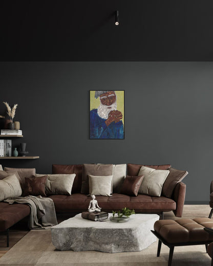Living room with a brown sectional sofa, coffee table, and wall art.
