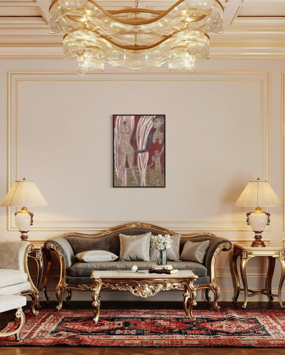 Luxurious living room with ornate furniture, chandelier, and wall art.