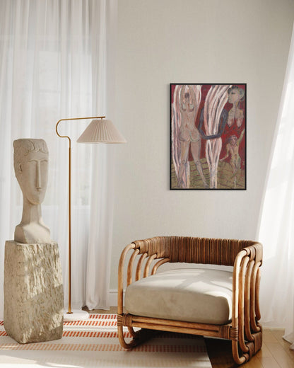 Modern interior with a wicker chair, sculpture, lamp, and abstract painting.