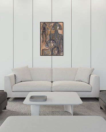 Modern living room with a gray sofa, coffee table, and abstract painting on the wall.