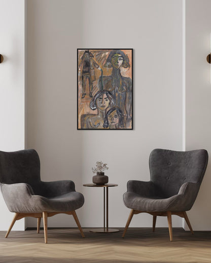 Two gray armchairs in a room with a framed abstract painting on the wall.