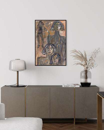 Living room with a sideboard, lamp, and abstract painting on the wall.