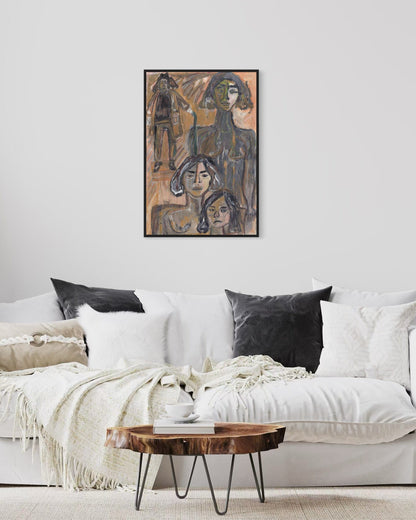 Living room with a white sofa, wooden coffee table, and abstract art on the wall.
