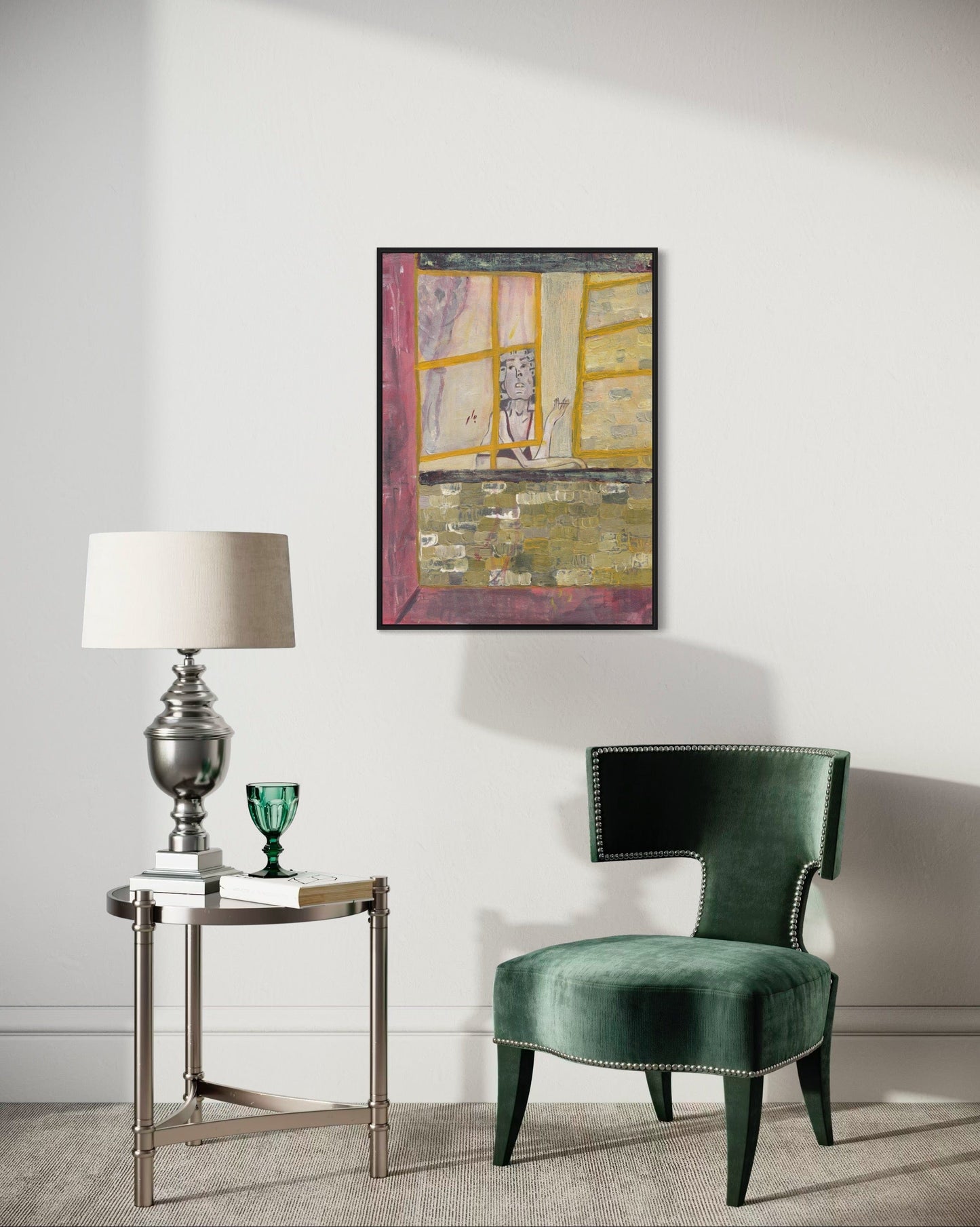 Modern interior with a green chair, side table, and abstract painting on a white wall.