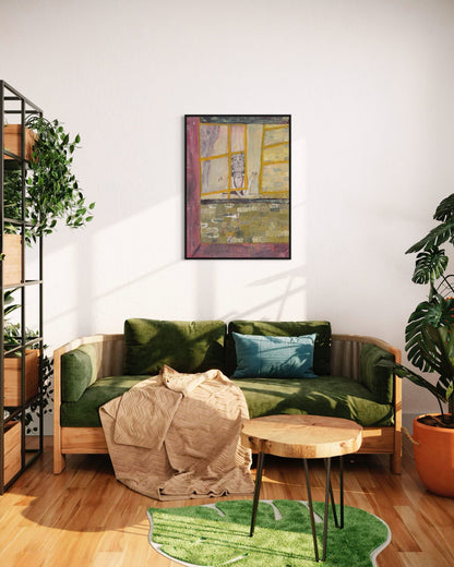 Modern living room with a green sofa, wooden coffee table, and decorative elements.