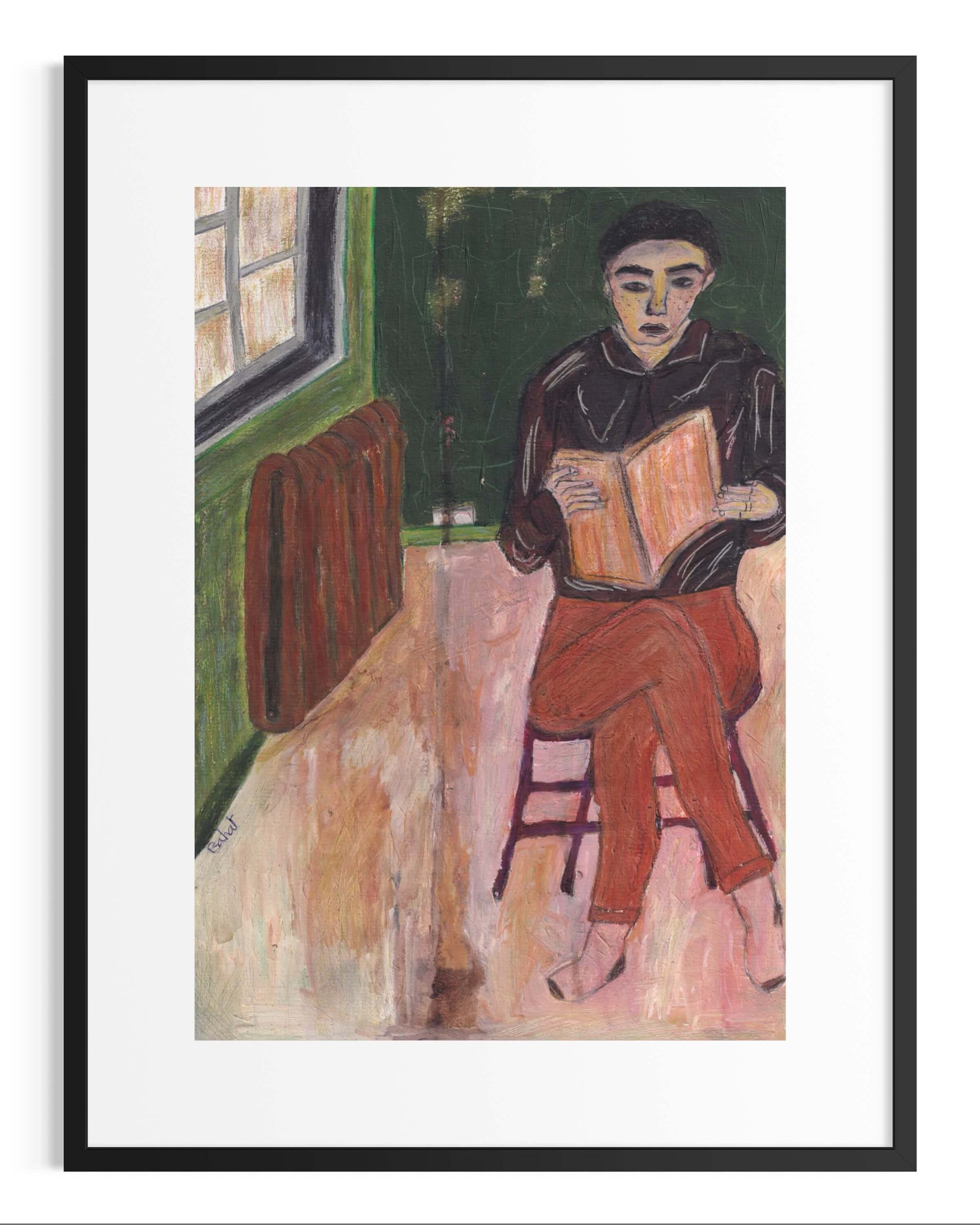 Framed artwork of a person reading a book in a room with green walls and a radiator.