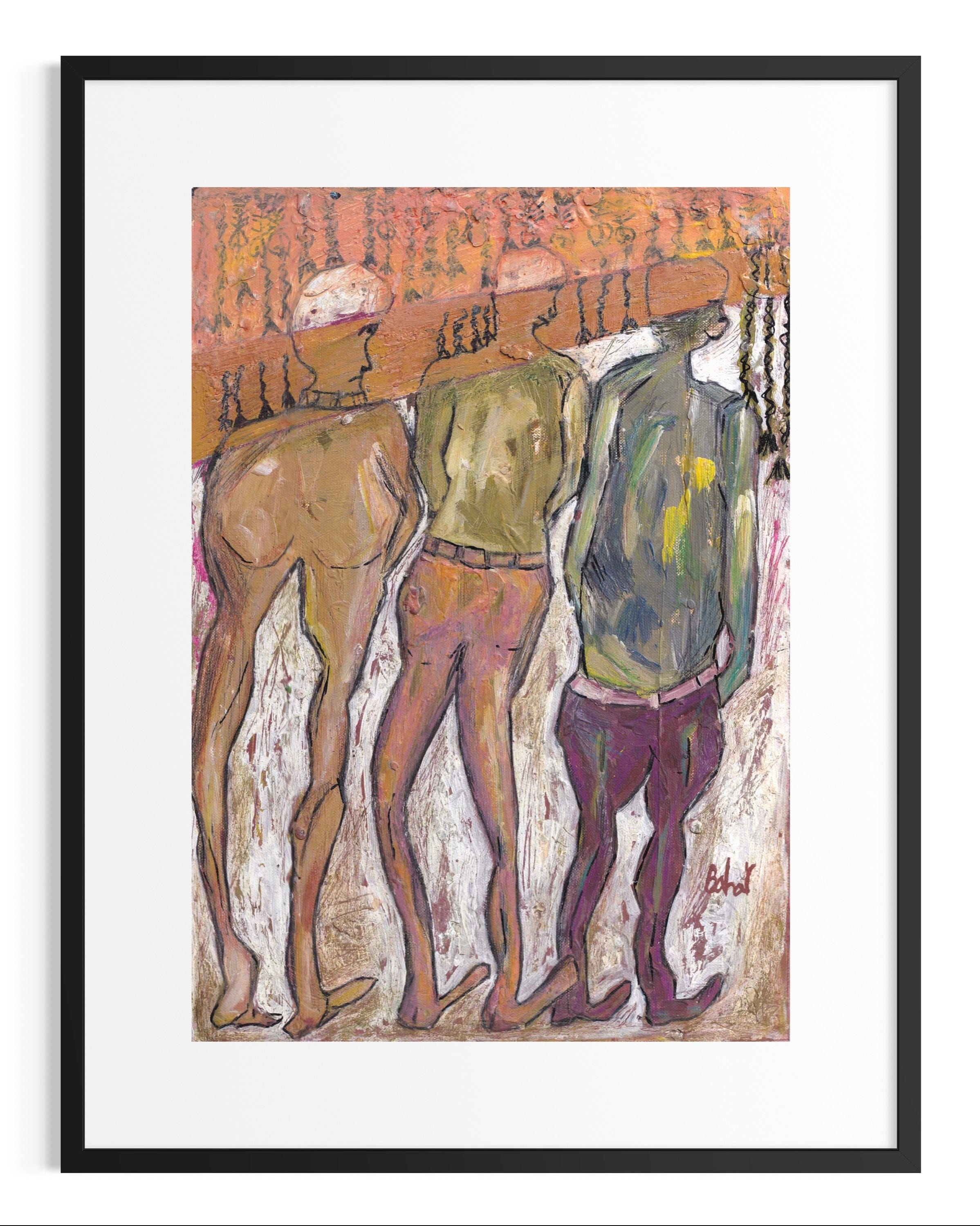 Abstract artwork of three figures with a black frame