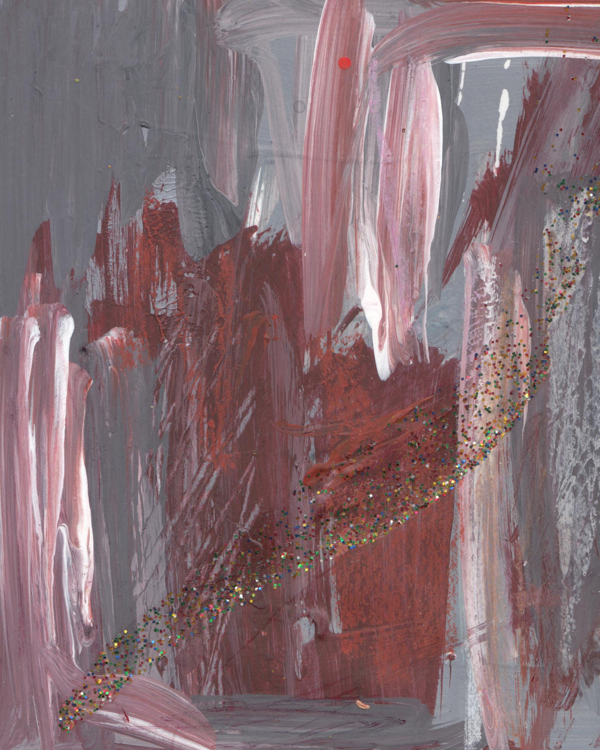Abstract painting with red, pink, and gray colors