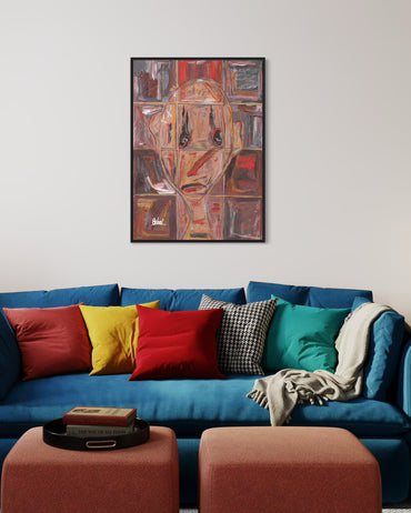 Colorful sofa with patterned cushions and a framed abstract painting on the wall.