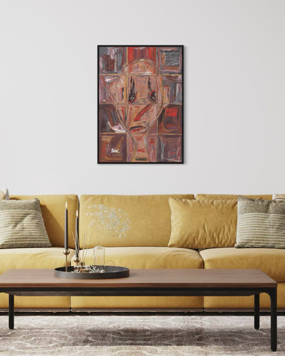 Living room with a yellow sofa, wooden coffee table, and abstract painting on the wall.