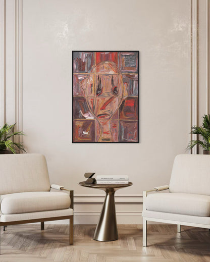 Abstract painting on a wall above a table with two chairs in a room.