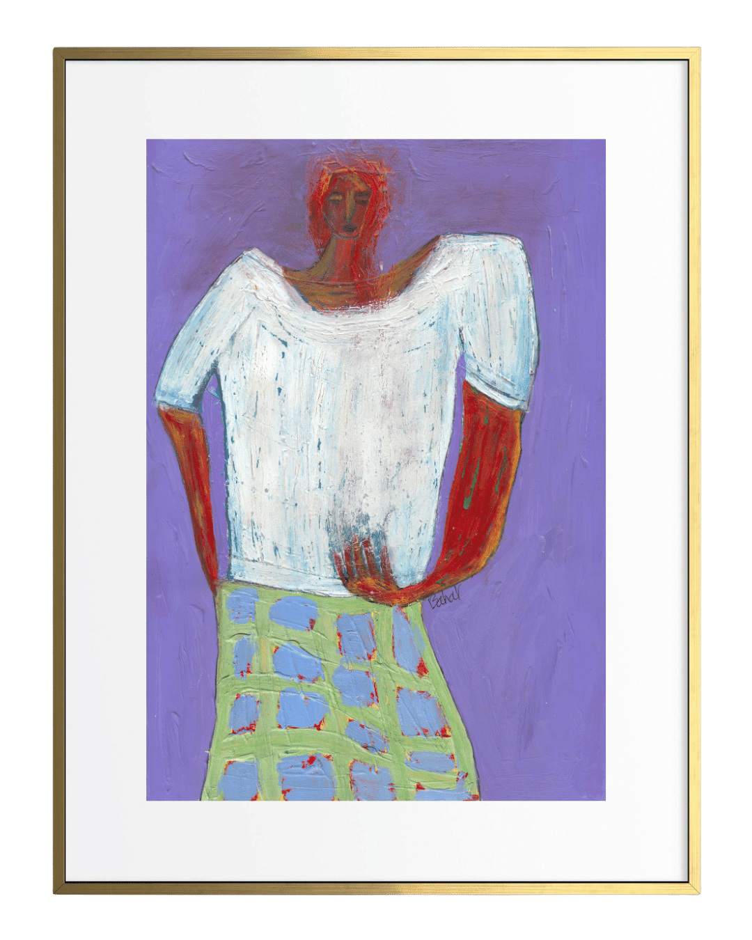Abstract painting of a figure with a white top and colorful skirt on a purple background