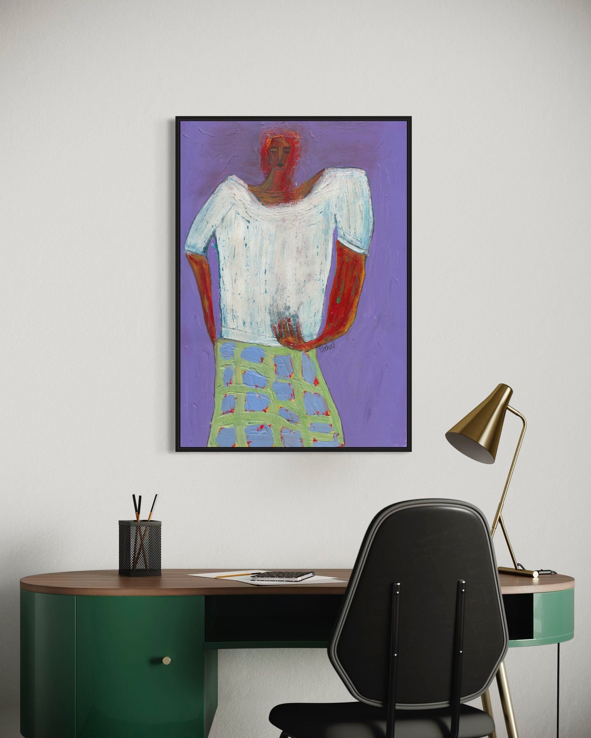 Artistic depiction of a person on a purple background in a modern office setting.
