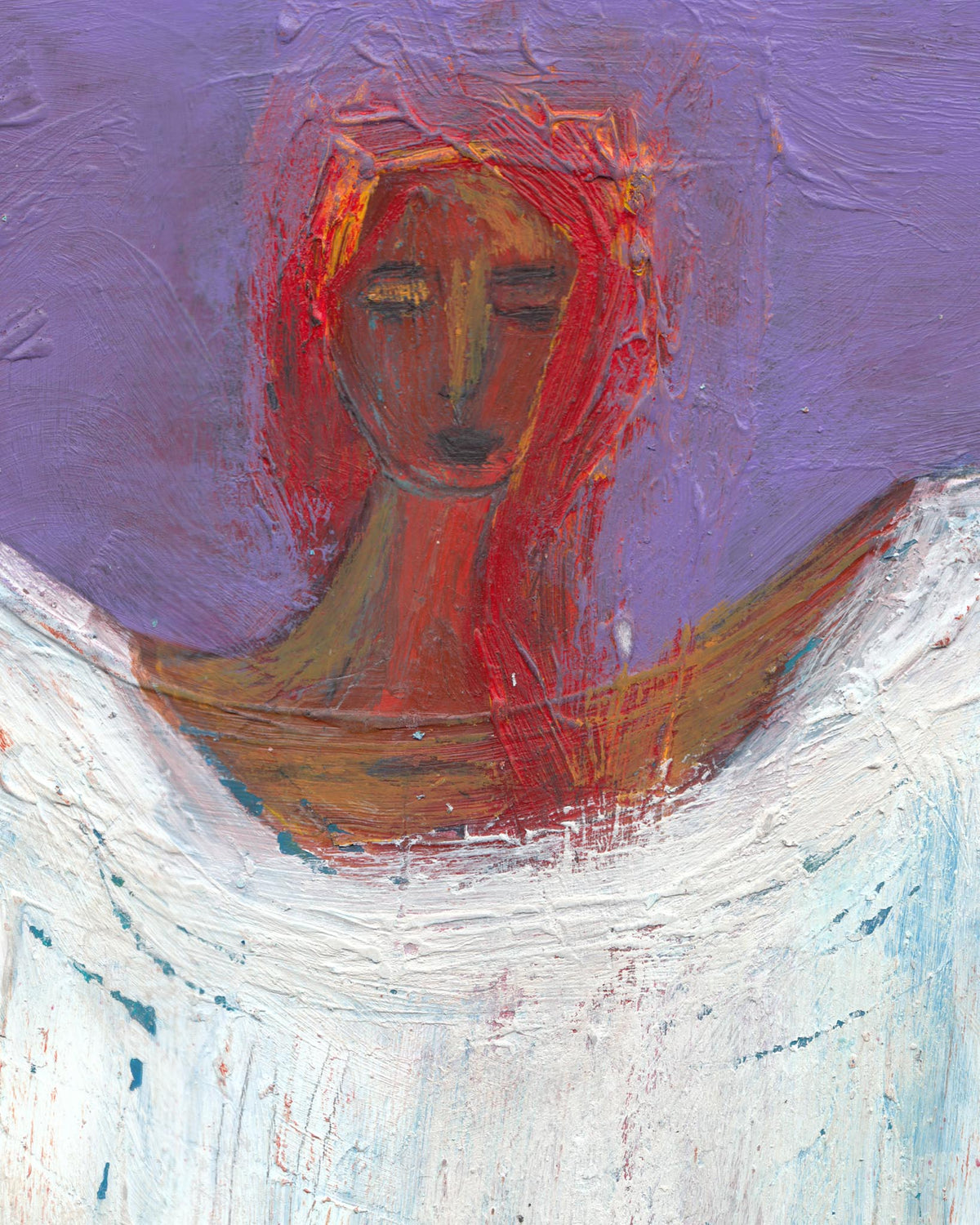 Abstract painting of a figure with red hair and a white garment on a purple background