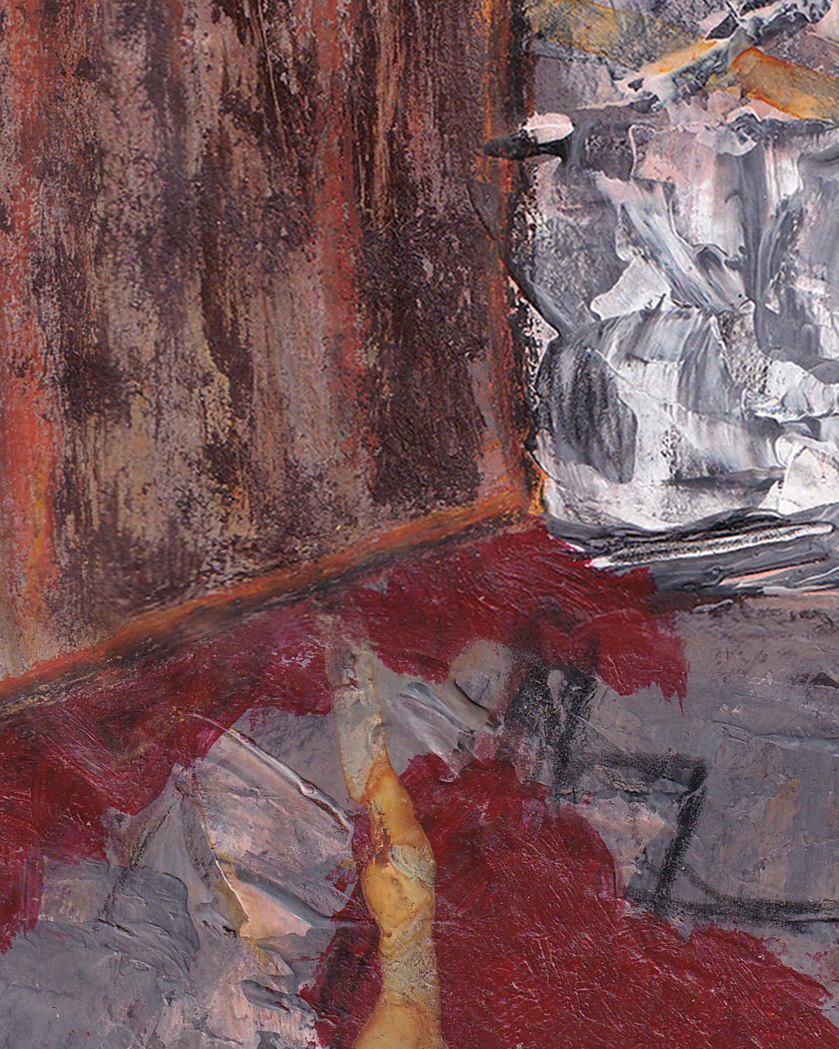 Abstract painting with a mix of red, gray, and brown colors.