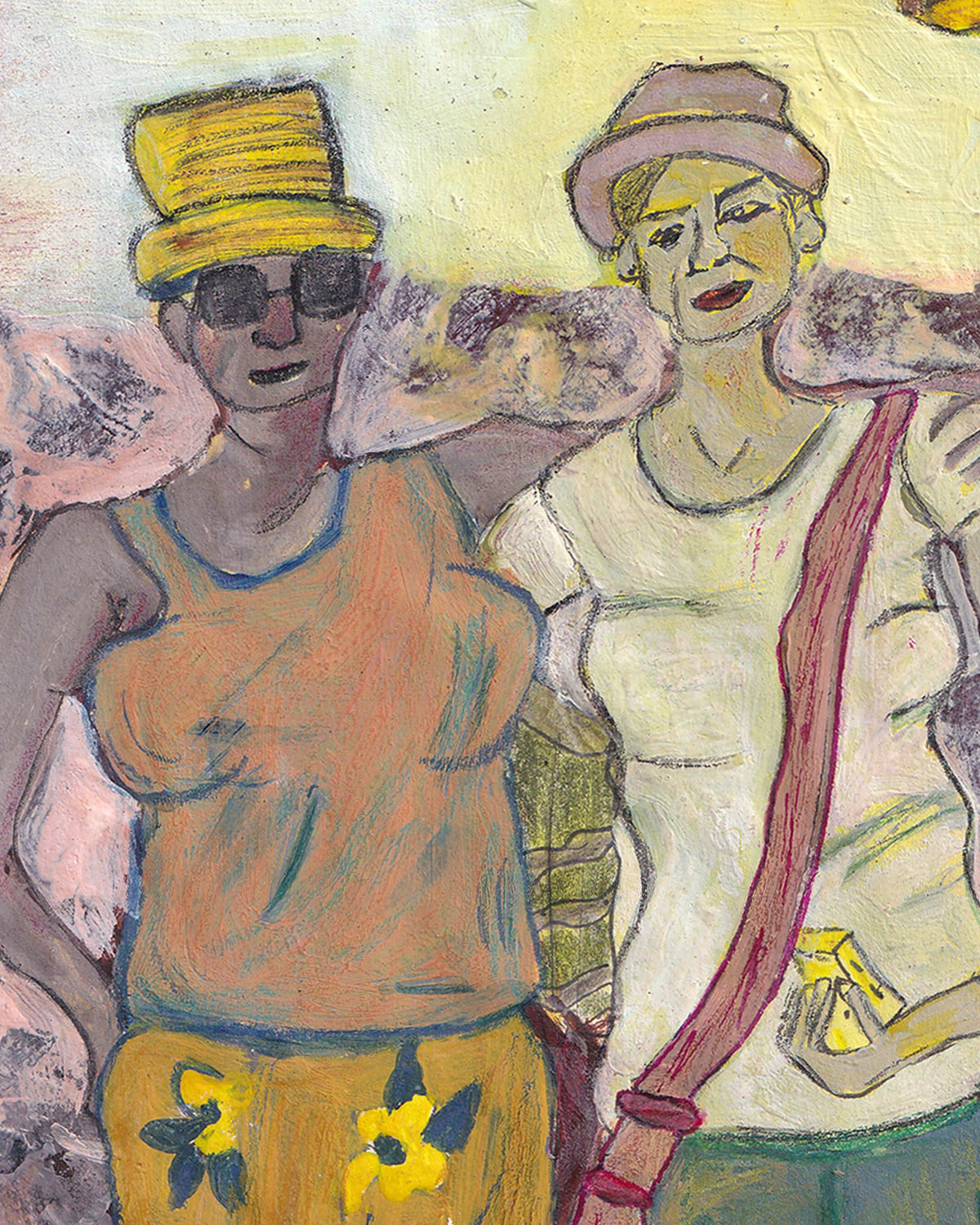 Two people standing close together, one wearing a yellow hat and sunglasses, the other with a pink hat and scarf.