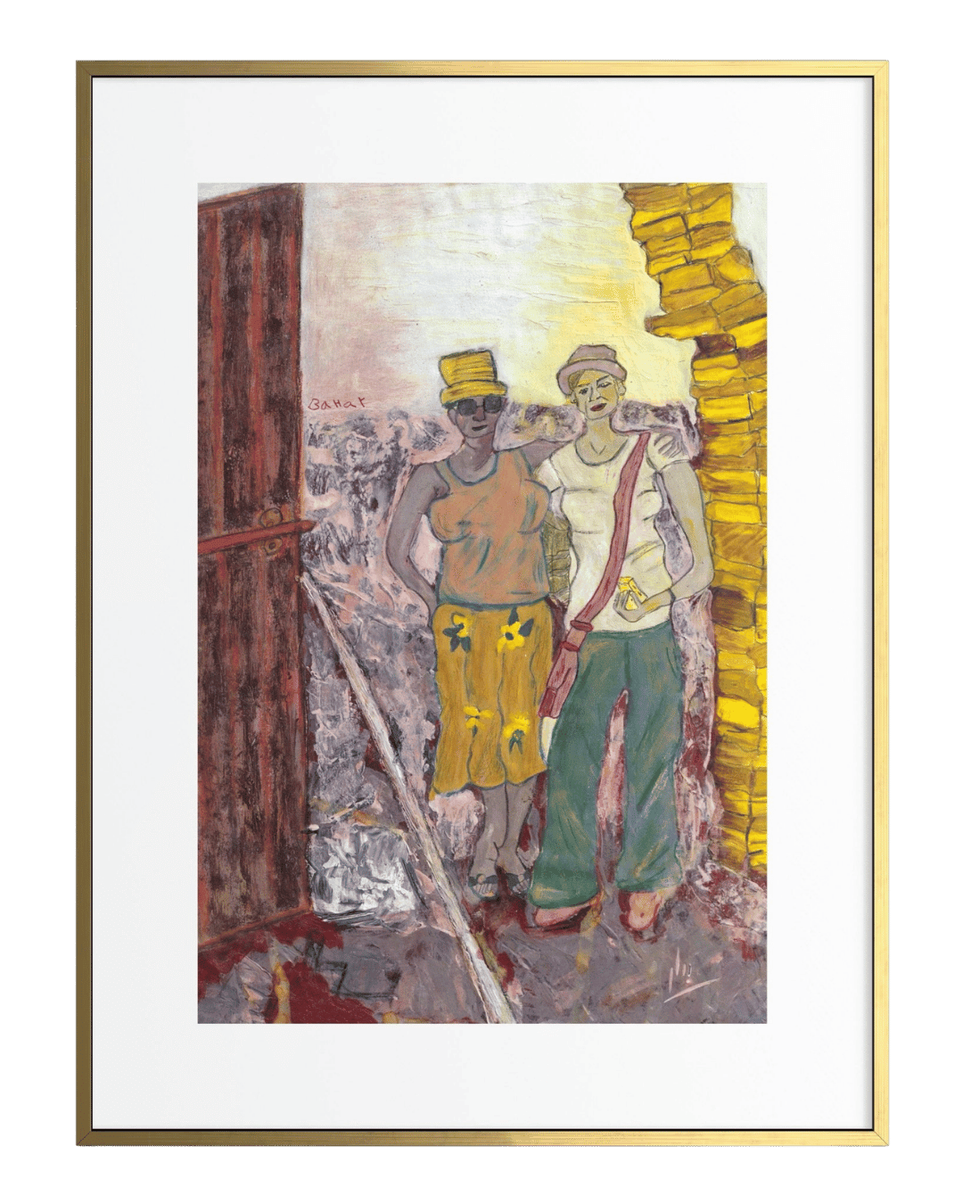 Framed artwork of two people standing next to a wooden structure.