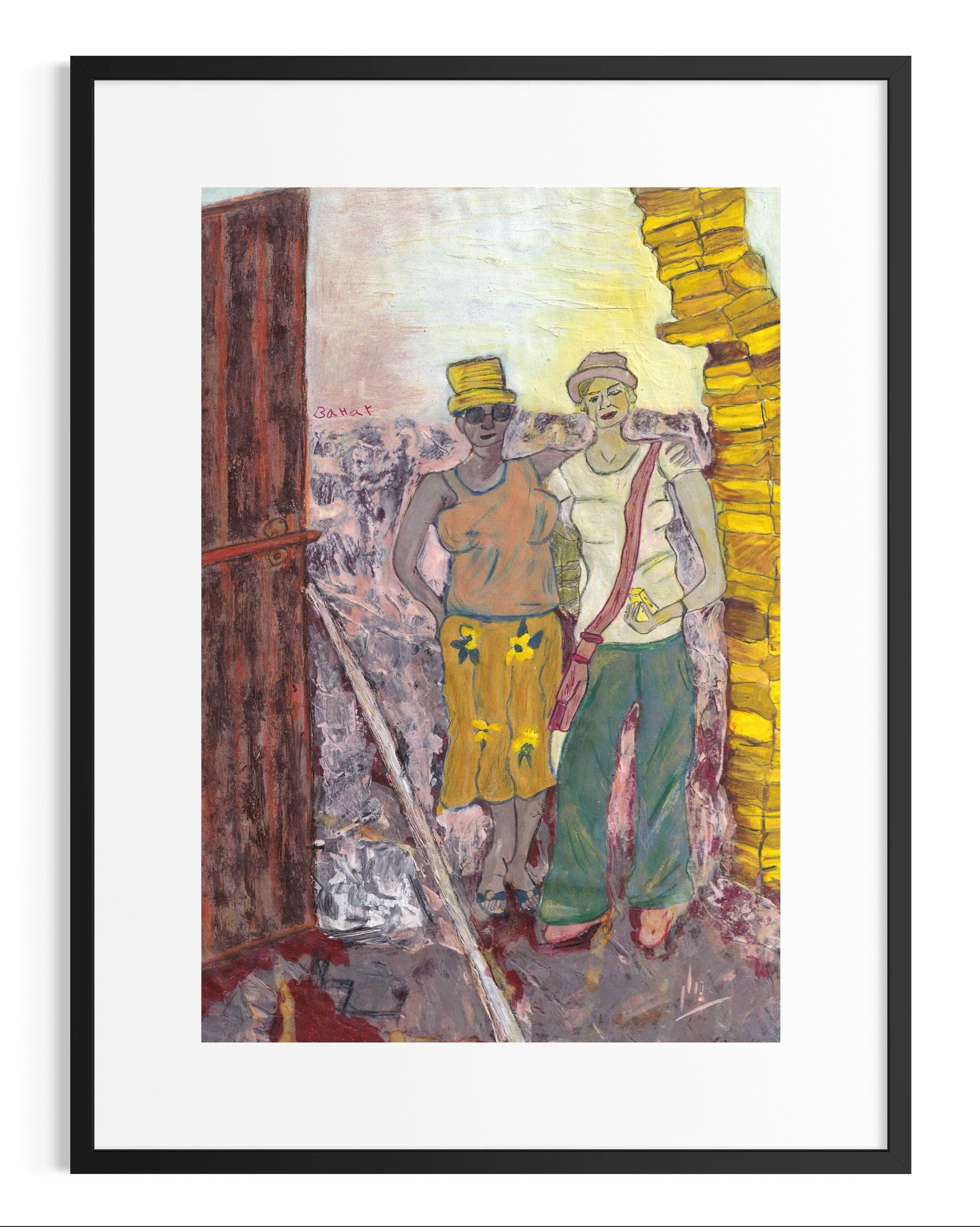 Framed artwork of two people standing next to a wooden structure with a yellow object.
