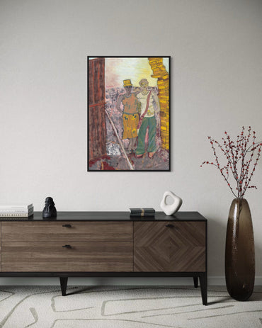 Framed artwork on a wall above a wooden sideboard with decorative items.