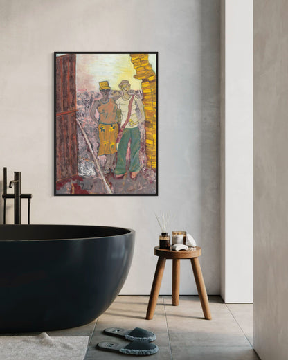 Modern bathroom interior with a large black freestanding bathtub, wooden stool, and abstract art on the wall.