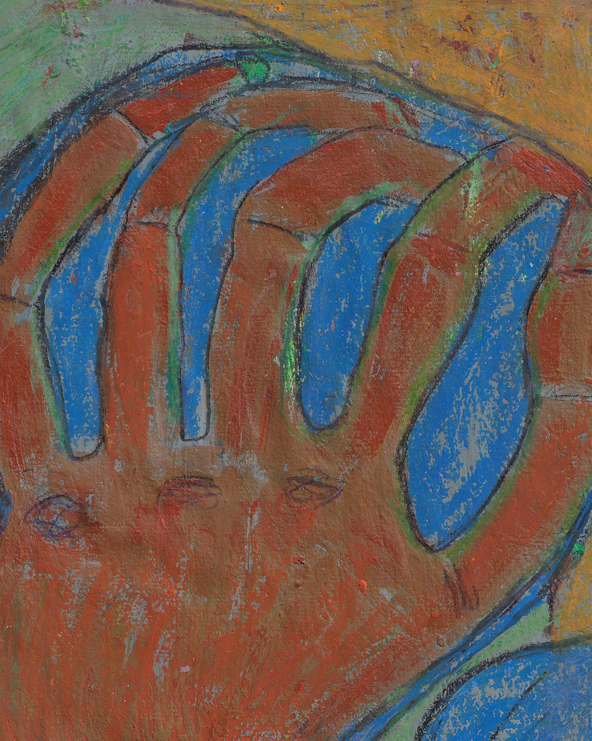 Abstract artwork with red, blue, and green colors on a textured surface