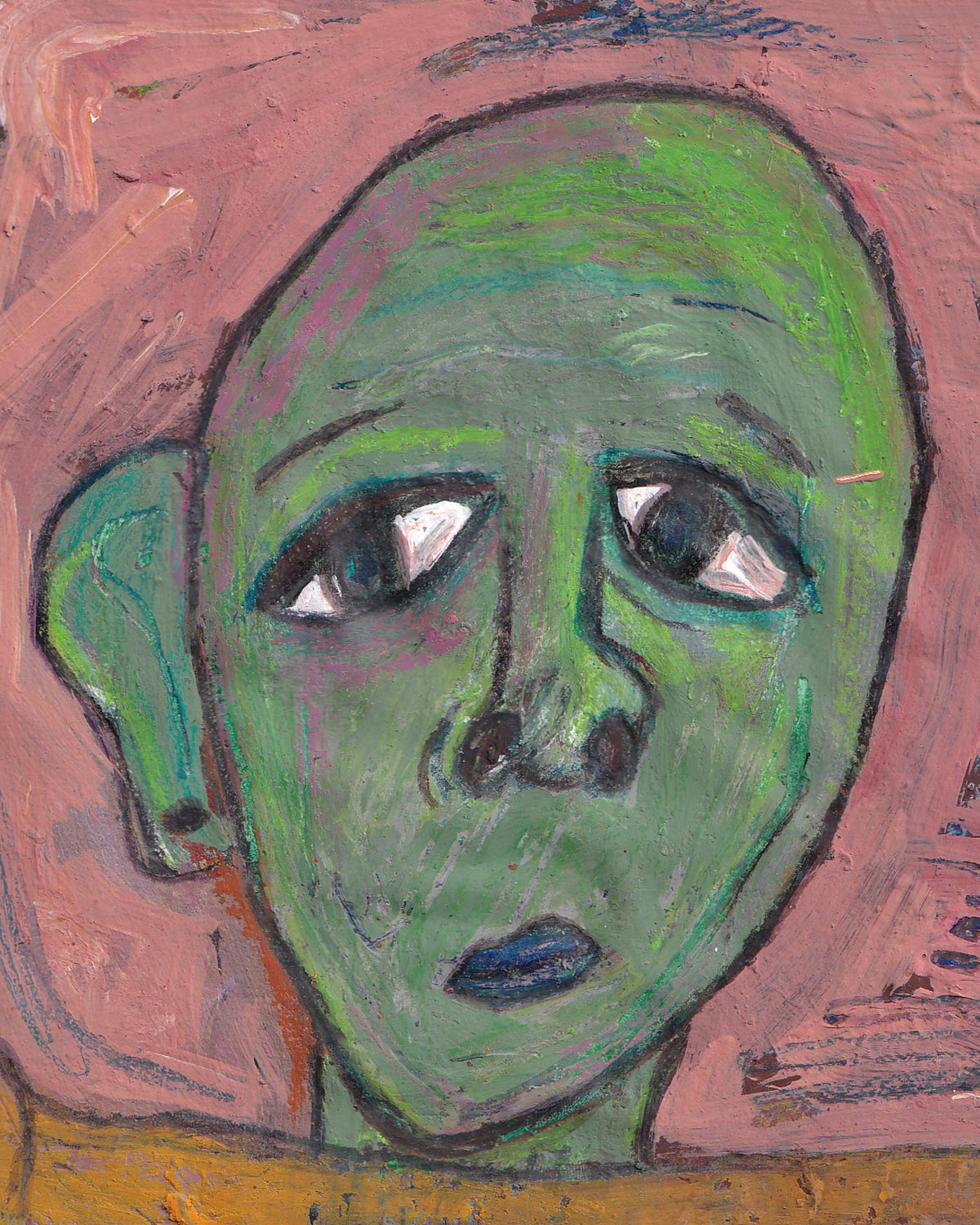 Abstract painting of a face with green skin and large eyes on a pink background