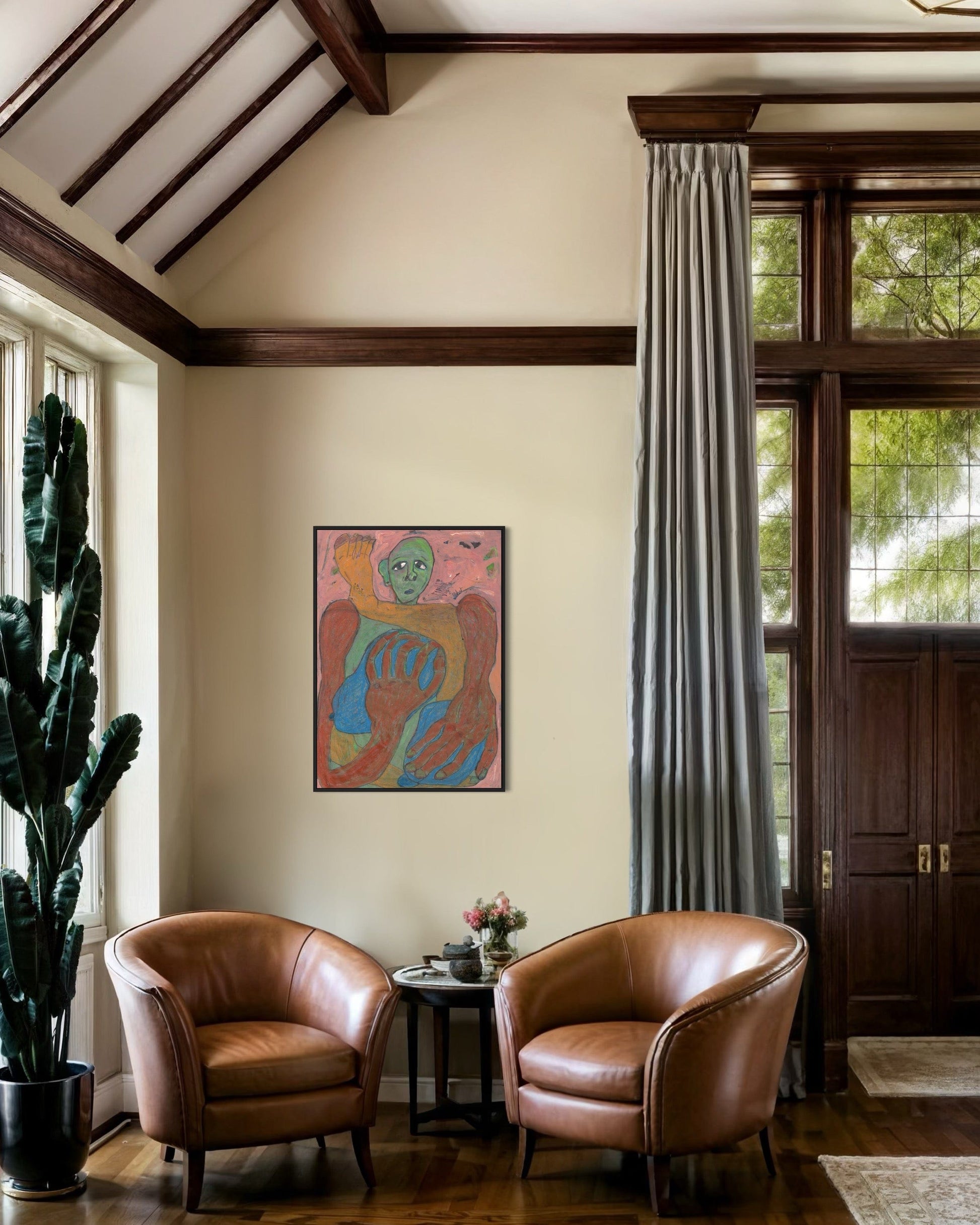 Living room with two brown leather chairs, a colorful painting on the wall, and large windows.