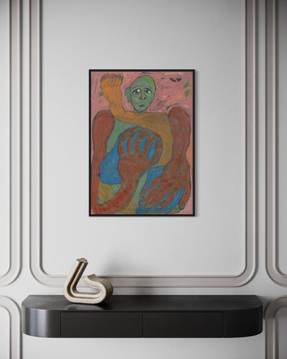 Colorful abstract painting on a wall above a black console table with a decorative object.