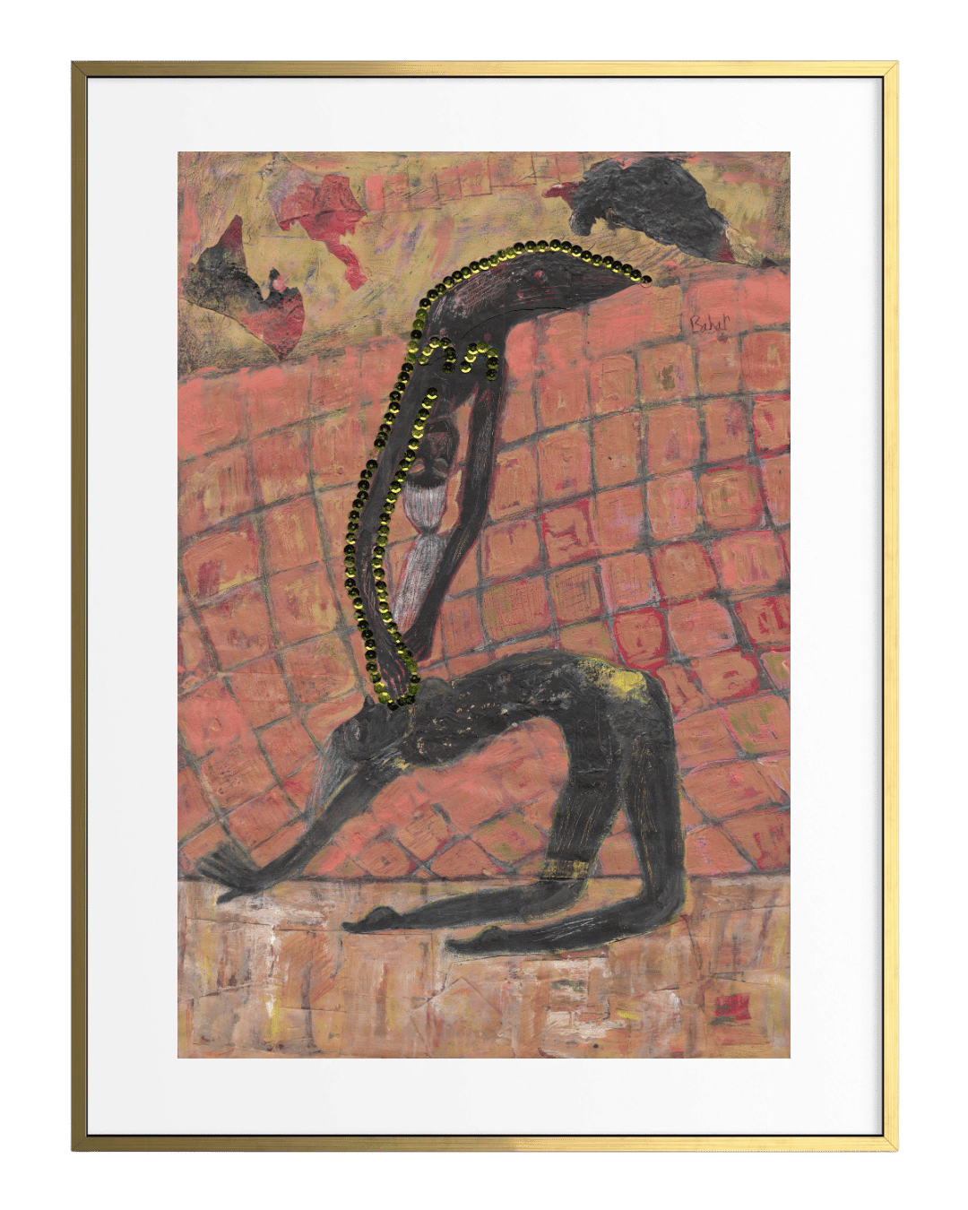 Abstract artwork with a figure on a textured surface