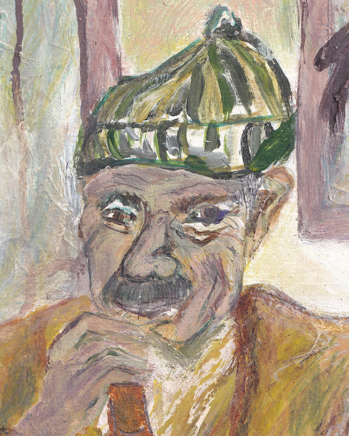 Painting of a person wearing a green striped hat with a blurred background