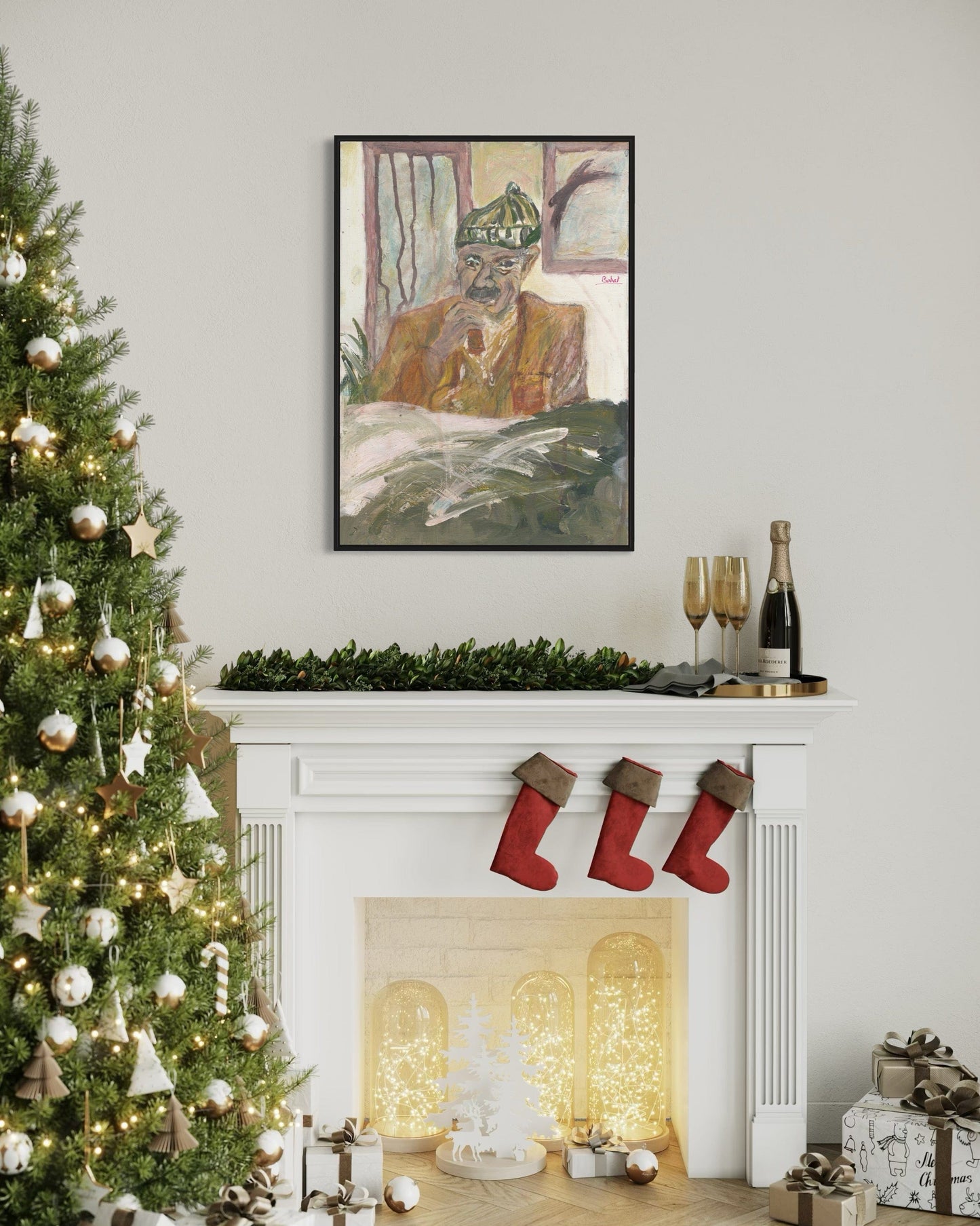 Decorated Christmas tree with stockings hanging above a fireplace, framed artwork on the wall.
