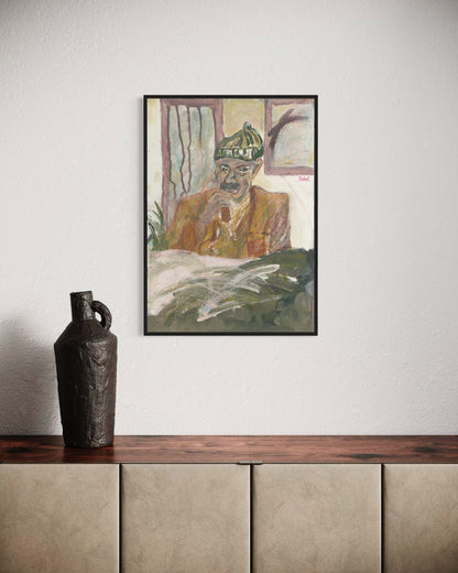 Framed artwork of a person with a green hat on a wall above a wooden shelf with a vase.