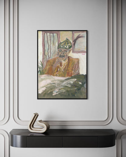 Framed painting of a person with a green headpiece on a wall above a black console table.