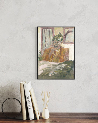 Framed artwork of a person with a hat on a wall above books and a diffuser.