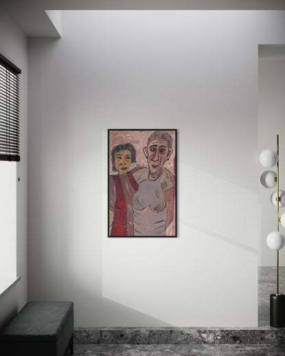 Abstract artwork of two figures in a minimalistic room with a lamp and window.