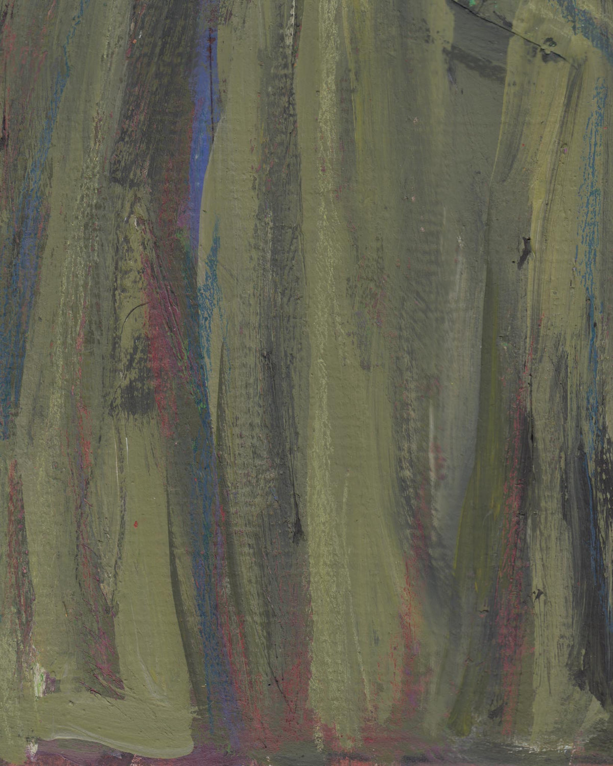 Abstract painting with wavy patterns in green, blue, and red.