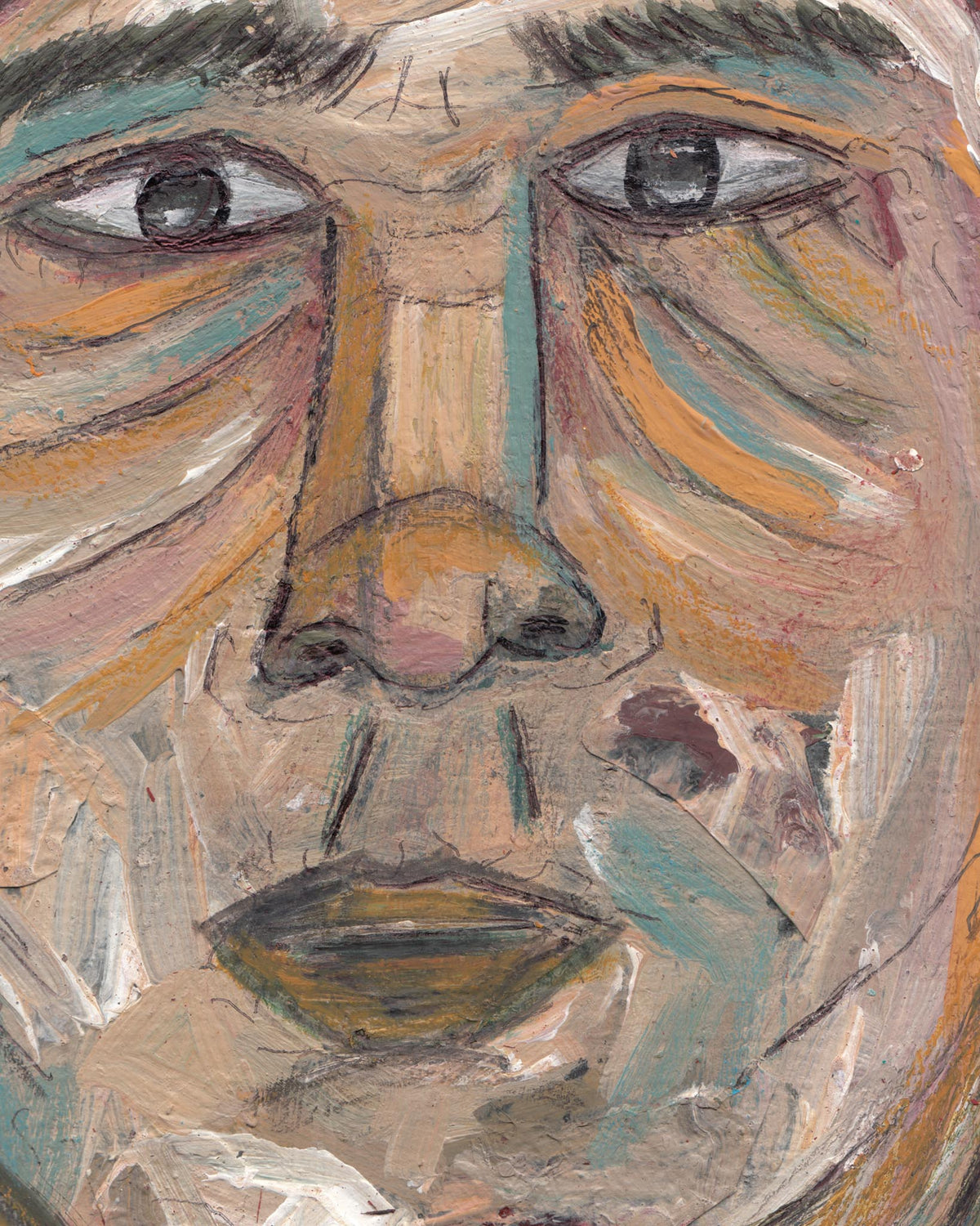 Abstract painting of a face with textured brushstrokes in earthy tones.