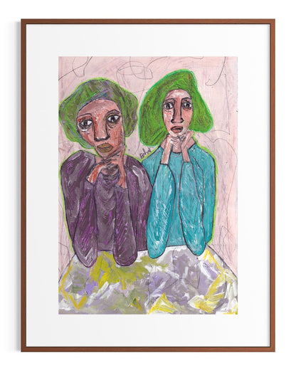 Artistic depiction of two figures wearing green headscarves with a colorful abstract background.