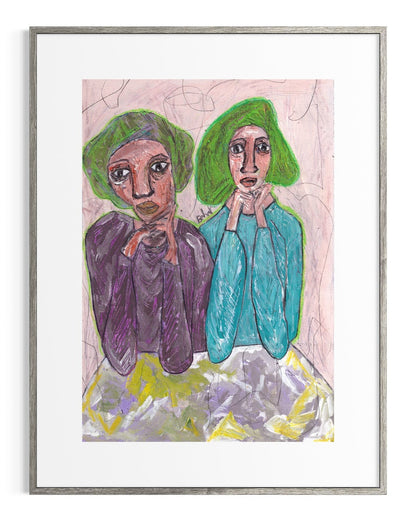 Framed artwork of two figures wearing green headscarves on a pink background