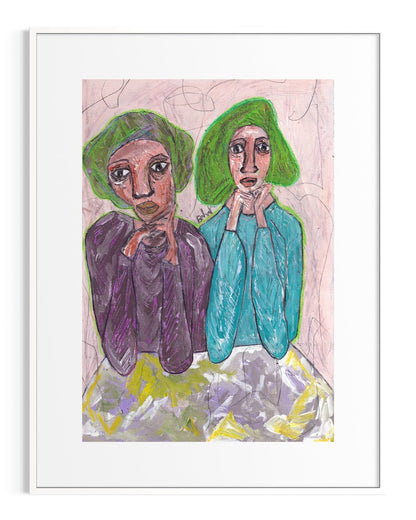 Artistic illustration of two figures wearing green headscarves on a textured background