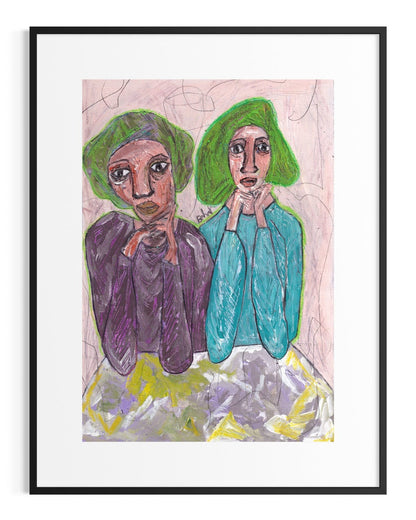 Artistic depiction of two figures wearing green headscarves with a colorful abstract background.