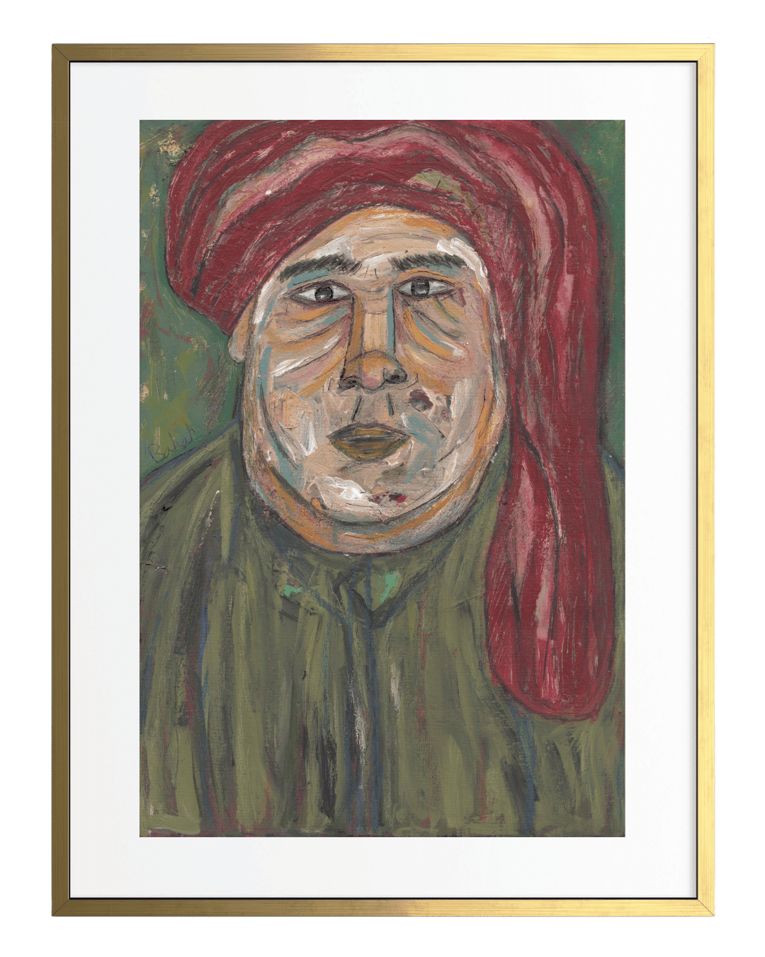 Painting of a person wearing a red headscarf with a gold frame.