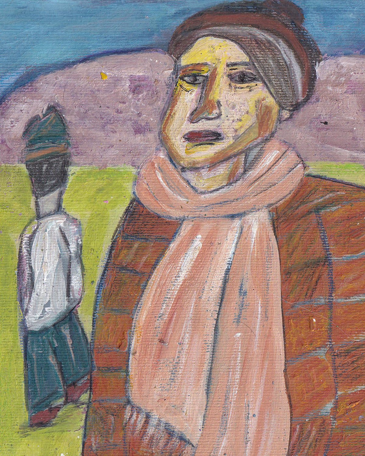 Painting of a person wearing a hat and scarf with another figure in the background.