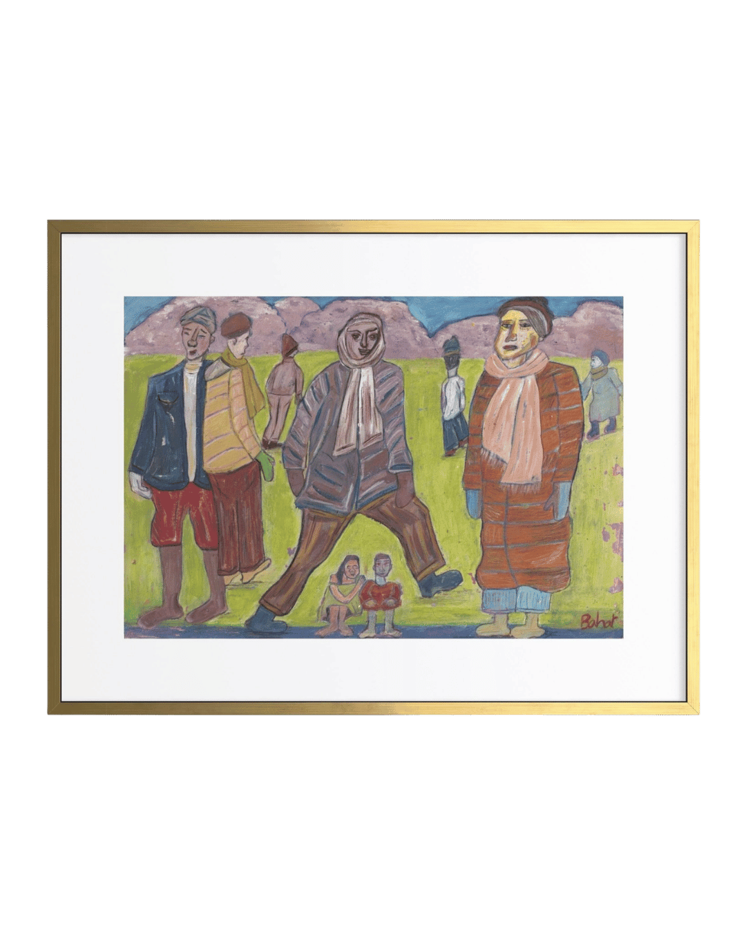 Framed artwork of a group of people on a green background