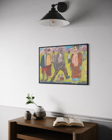 Colorful painting of four people on a wall above a wooden shelf with a plant and book.