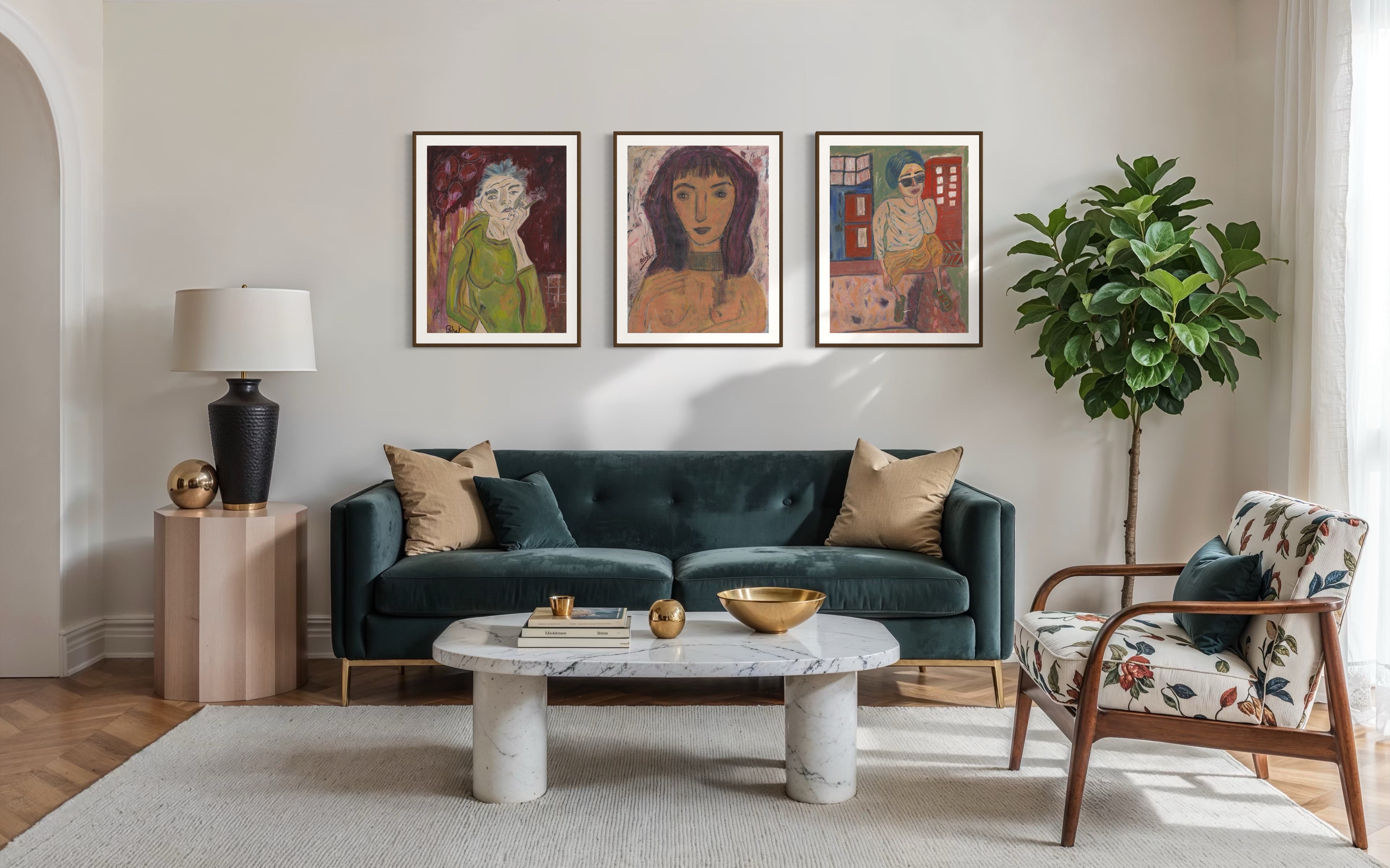 Modern living room with a teal sofa, marble coffee table, and decorative wall art.