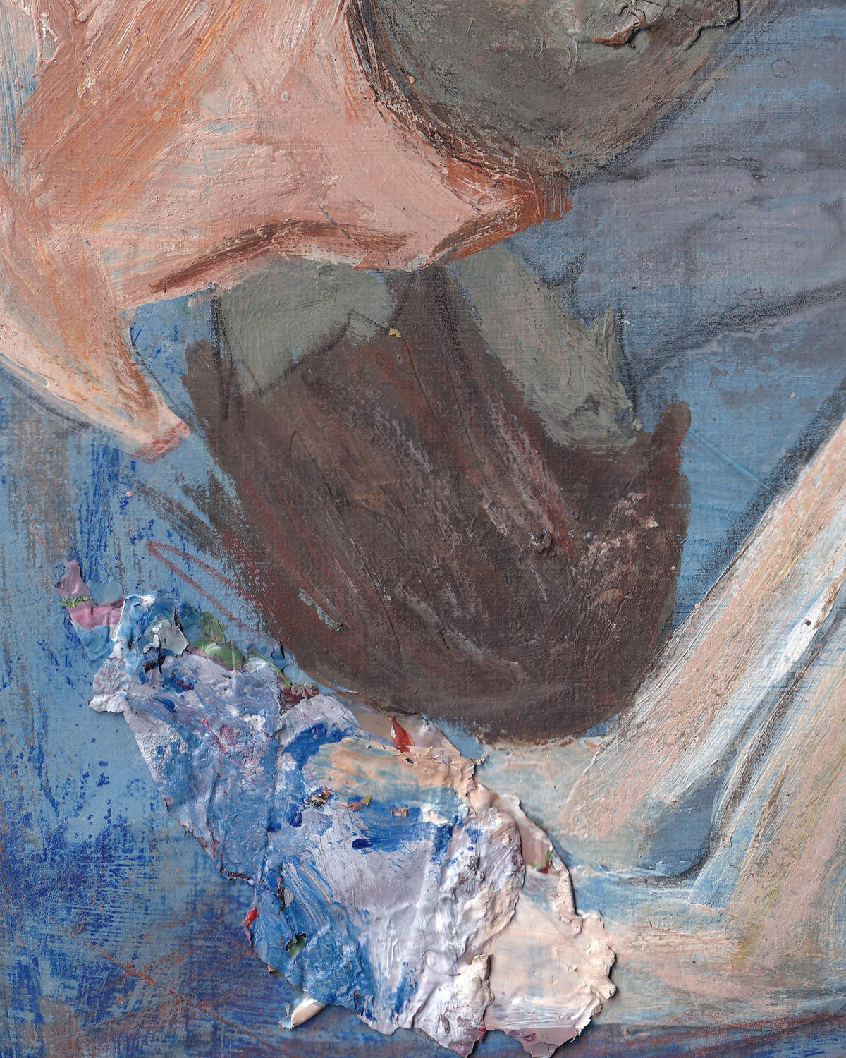 Abstract painting with textured brushstrokes in brown, blue, and white.